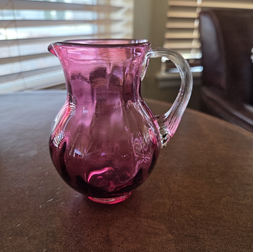 Cranberry Glass Pitcher With Clear Ribbed Handle